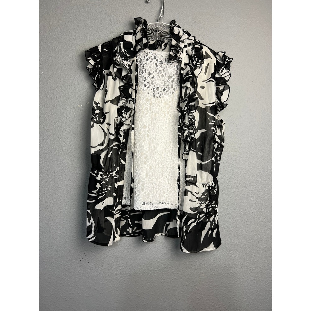 Lapis Womens Black White Floral Ruffle Blouse and Lace Tank Top Set Large Office